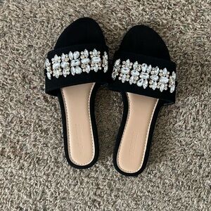 Elegant Black Bejeweled Slide Sandals